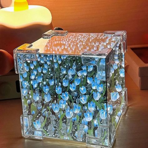 DIY Tulip Mirror Cube Lamp - Simulated Flower Bedroom Sleeping Table Lamp #TulipMirrorLamp #SimulatedFlowerLight #BedroomTableLamp #HandmadeCraftLamp #MirrorNightLight #DIYLamp #SleepingLightDecor Tulip Mirror, Mirror Cube, Mirror Bedroom Decor, Tulip Lamp, Cube Lamps, Flower Bedroom, Cube Design, Night Light Lamp, Valentines Day Birthday