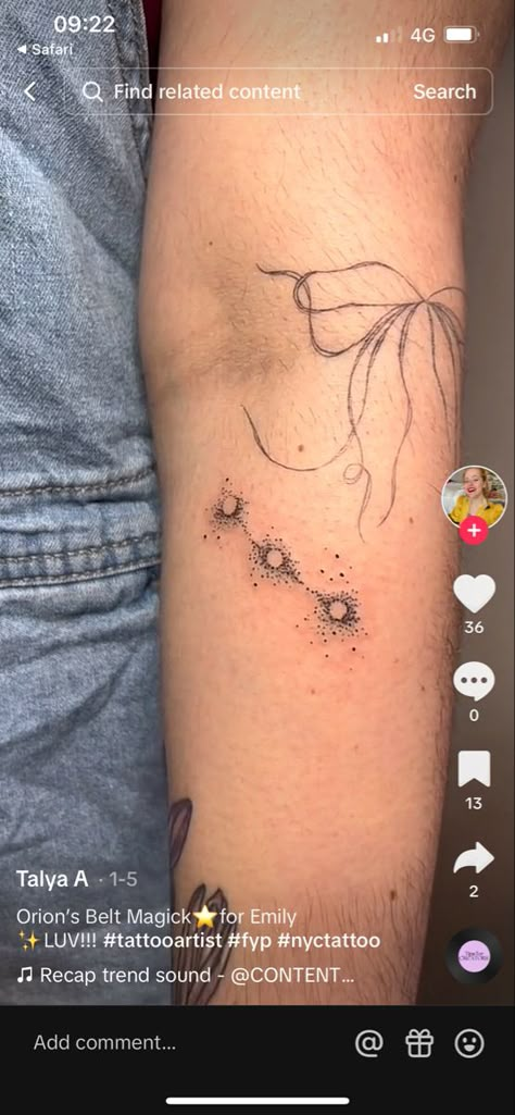 Orion Tattoos, Orions Belt Tattoo, Orion Constellation Tattoo, Orions Belt Constellation, Belt Tattoo, Orion Tattoo, Cosmos Tattoo, Craft Beer Labels, Orion's Belt