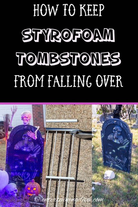 If you've ever had trouble keeping your Halloween gravestones from blowing over, this DIY Halloween hack is for you! Learn how to keep your Halloween tombstones in the ground so they don't fall down and wreck the look of your Halloween cemetery. #entertainingdiva #diyhalloween #halloween Front Porch Halloween Ideas, Outdoor Halloween Decorating, Outdoor Halloween Decor Ideas, Halloween Front Door Decor, Front Porch Halloween, Halloween Gravestones, Halloween Decor Outdoor, Halloween Lighting Outdoor, Graveyard Halloween