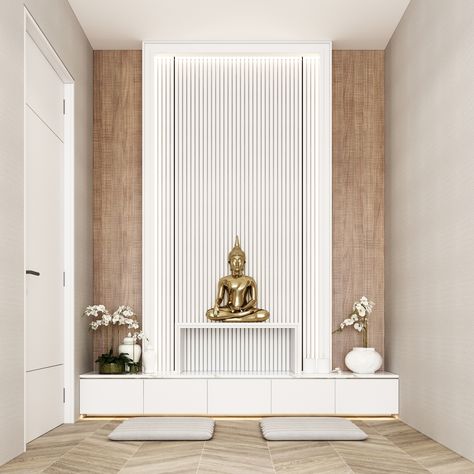 Buddha Statue At Home, Foyer Ideas Entryway Indian, Buddha Room Design, Buddha Bedroom, Buddha Living Room, Buddha Room, Modern Buddha, Buddha Statue Home, Pooja Door