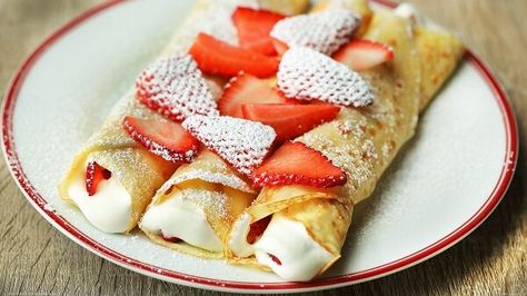 Easy Strawberries & Cream Crepes Recipe | GEICO Living Cream Crepes, Sweet Crepes Recipe, Strawberry Crepes, Crepes Recipe, Crepe Recipe, Sweet Crepes, Tasty Videos, Crepe Recipes, Food Videos Desserts