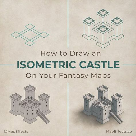 How to Draw an Isometric Castle Icon On Your Fantasy Map — Map Effects Fantasy Map Castle Icon, How To Draw A Fantasy Map, Drawing A Castle, Map Drawing Tutorial, Draw Castle, Draw A Castle, Fantasy Map Drawing Ideas, Fantasy Map Drawing, Map Drawing Ideas