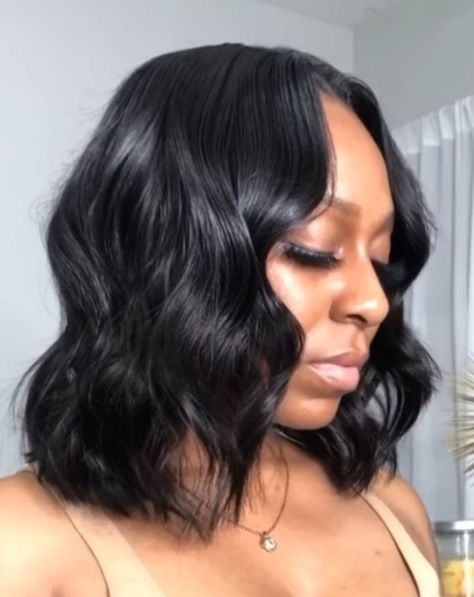 Bob Wavy Hairstyles Black Women, Long Curly Bob Hairstyles Black Women, Curling Short Bob Black Women, Bob With Waves Black Hair, Bob With Wand Curls Black Women, Curly Middle Part Bob Black Women, Middle Part Messy Bob Black Women, Messy Bob Quick Weave, Short Middle Part Black Women