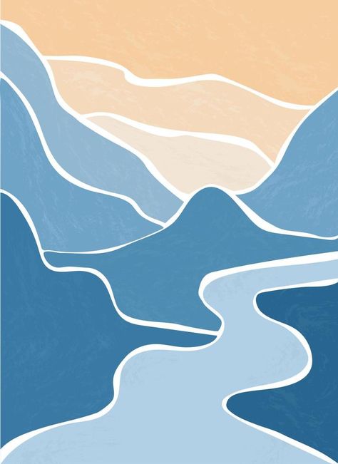 Mountain River. Abstract landscape, minimalism. Trending earth colors. Save and preserve the nature. Concept of travel, leisure and tourism Mountain Abstract Art, River Graphic Design, Earth Illustration Design, River Graphic, River Abstract, River Illustration, Earth Pattern, Abstract Scenery, 2d Abstract