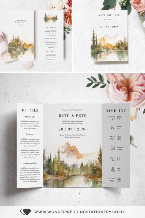 Autumn Mountains Gatefold Wedding invitations Trees Wedding Invitation, Wedding Stationery Set, Fall Lake Wedding, Landscape Invitation, Wedding Invitation Design Ideas, Lake Wedding Invitations, Gatefold Wedding Invitations, Creative Wedding Invitations Design, Watercolour Wedding Invitations