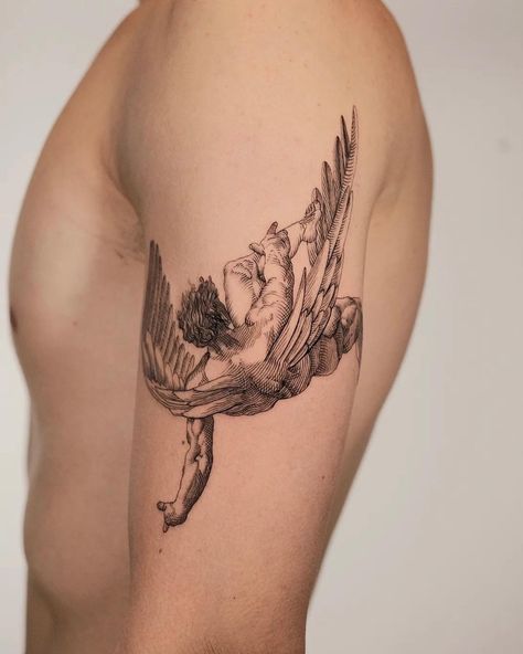 Icarus Fallen Angel Tattoo Icarus Tattoo, Greek Tattoo, Etching Tattoo, Engraving Tattoo, Muscle Tattoo, 4 Tattoo, Angel Tattoo Designs, Greek Tattoos, Modern Tattoos