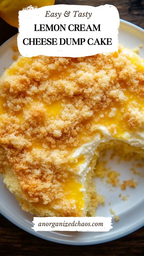 Satisfy your sweet tooth with this easy lemon cream cheese dump cake! Made with just 4 simple ingredients, this quick dessert is bursting with zesty lemon flavor and creamy layers of goodness. Perfect for busy days, potlucks, or when you need a no-fuss crowd-pleaser. Try this delicious lemon cake recipe today for a refreshing treat! Lemon Cheesecake Dump Cake Recipe, Yellow Cake Mix Dump Cake Recipes, Lemon Cake With Pudding Mix In It, Dump Cakes Recipes Easy, Lemon Cake Mix Recipes, Dump Cakes Recipes, Yellow Cake Mix Desserts, Lemon Cream Cheese Dump Cake, Cream Cheese Dump Cake