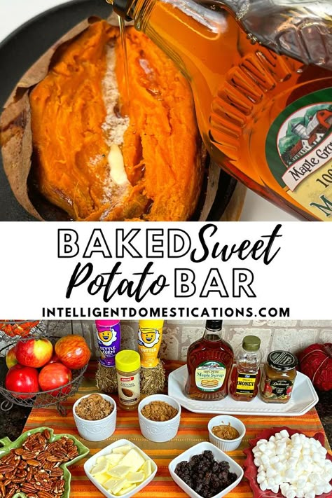 A large list of favorite baked sweet potato toppings. Plus a sweet potato topping bar you can set up on your kitchen counter for a baked sweet potato buffet. Potato Buffet, Baked Sweet Potato Toppings, Sweet Potato Bar, Baked Potato Bar Toppings, Potato Bar Toppings, Baked Sweet Potato Oven, Family Picnic Food, Baked Potato Dinner, Best Baked Sweet Potato