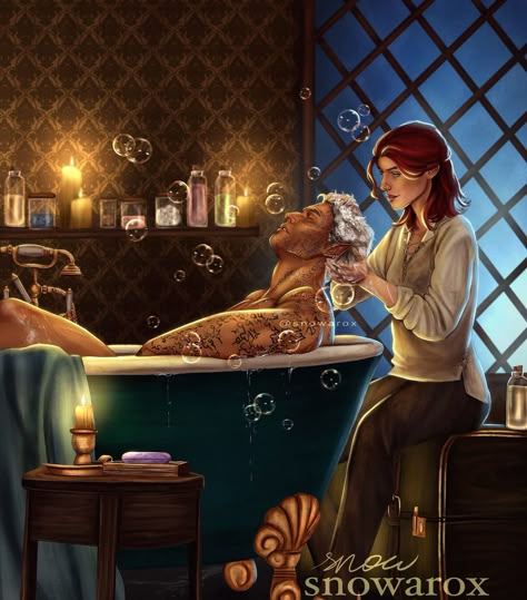 Aelin Washing Rowans Hair, Rowan Aelin, Bookish Fanart, Glass Aesthetics, Tog Fanart, Rowan And Aelin, Queen Of Shadows, Throne Of Glass Fanart, Tog Series