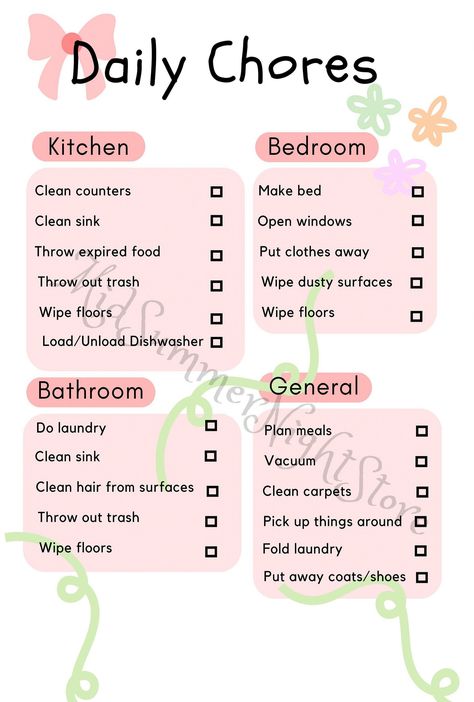 A concise list of daily chores to keep your house clean and in order. TO have a peace of mind and live in a nice and balanced environment. A clean space means a clean mind. #Cleaning #to #The #Schedule #Guide #CreativeIdeas #Tidy #Motivation #a #for #Home #Inspiration #Creating #Ultimate #a Cleaning Schedule For Teenagers, How To Keep Room Organized, Chores To Do Around The House, Clean House List, How To Clean Your Room Fast Checklist, Chores List For Adults, How To Keep House Clean, How To Keep Room Clean, Cleaning My Room Checklist