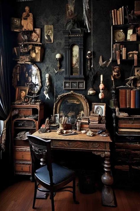 Dark Academia Office | Health, Beauty, Fashion, Design, Pets & More | dagmaramach.com Scottish Study Room, Moody Dark Academia Office, Goth Academia Room, Gothic Dark Academia Room, Office Decor Dark Academia, Gothic Home Office Ideas, Dark Industrial Office, Dark Aesthetic Interior Design Ideas, Dark Academia Aesthetic Accessories