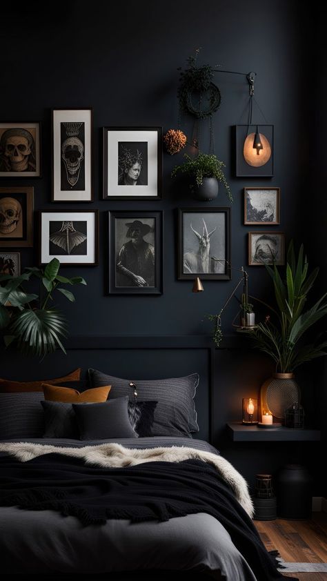 Dark Delights: Moody Halloween Home Decor Inspirations Alternative Bedroom Ideas, Halloween Fireplace Decor, Dark Aesthetic Room, Moody Halloween, Bedroom Decor Dark, Halloween Fireplace, Black Bedroom Decor, Beautiful Halloween, Dark Bedroom