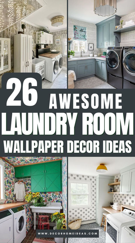 Transform your laundry room into a stylish haven with these 26 eye-catching wallpaper designs! Whether you prefer bold patterns, soft neutrals, or quirky prints, these wallpaper ideas will add flair and sophistication to an often-overlooked space. Discover how the right wallpaper can make laundry day a bit more delightful! Wallpapered Laundry Closet, Wallpaper Laundry Room Accent Walls Coastal, Wallpaper In Laundry Rooms, Funky Laundry Room Wallpaper, Wall Papered Laundry Room, Best Laundry Room Wallpaper, French Country Laundry Room Wallpaper, Funky Wallpaper Laundry Room, Mud Room Wallpaper Ideas