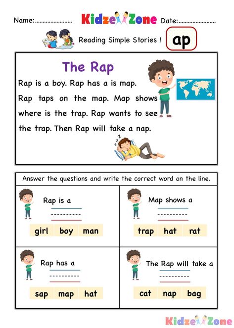 Download Kindergarten Worksheet : Ap Word Family - Comprehension Ap Family Words, At Family Words, Kindergarten Comprehension Worksheets, Ap Word Family, Phonics Grade 1, Reading Comprehension Grade 1, Word Family Reading, Kindergarten Word Families, Phonics Reading Passages