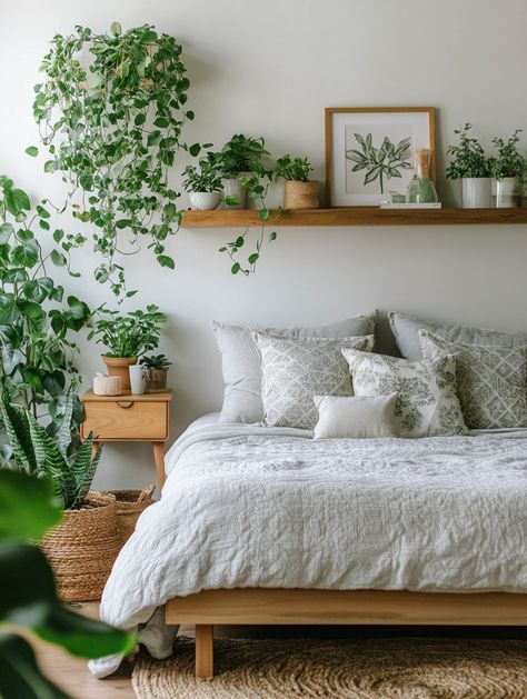 Transform your home bedroom into a peaceful oasis with vibrant greenery! 🛏️💚 Add a touch of nature and elegance with these stylish plant arrangements. Perfect for a serene and cozy ambiance. Explore now and refresh your space today! #HomeBedroomRefresh #InteriorDesign #PlantDecor Sage And Rattan Bedroom, Plant Over Bed, Plant Inspired Bedroom, Plant Wall Bedroom, Plants Over Bed, Greenery Bedroom, Bedroom With Plants, Plants In Bedroom, Plant Bedroom