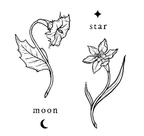 star and moon flowers matching but different tattoo designs Matching Fern Tattoos, Tattoo Ideas Small Aesthetic, Flowers Stars Tattoo, Moon Star Matching Tattoos, Matching Tattoos Star And Moon, Flowers With Moon Tattoo, Flowers Matching Tattoo, Matching Flowers Tattoo, Mix And Match Tattoo