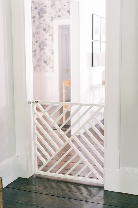 A Pretty DIY Baby Gate - Finding Lovely Plastic Baby Gate, Indoor Gates, Diy Dog Gate, Diy Baby Gate, Baby Gate For Stairs, Hallway Makeover, Saved Money, Stair Gate, Baby Gate