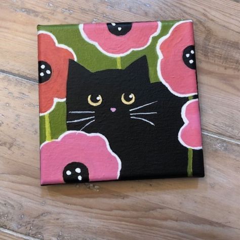 Black Cat and Poppies - Etsy Paintings For Frames, Tiny Cute Paintings, Paint A Cat Easy, Black Cats Paintings, Cute Kitty Painting, Pink And Purple Canvas Painting, Cute Cat Painting Ideas, How To Paint A Cat Easy, How To Paint A Black Cat