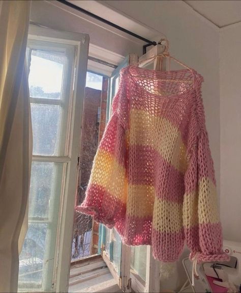 Crochet Sweater With Words, Multi Colored Yarn Crochet Projects, Crochet Striped Sweater, Striped Crochet Sweater, Pink Striped Sweater, Crochet Sweater Pattern, Striped Knitted Sweater, Crochet Sweater Pattern Free, Things To Crochet