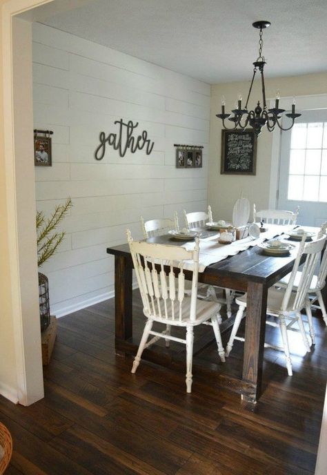 Dining Room Accent Wall, All White Room, Shiplap Wall Diy, Dining Room Accents, Dining Room Decorating, White Chairs, Diy Shiplap, Dining Room Remodel, Dining Room Makeover