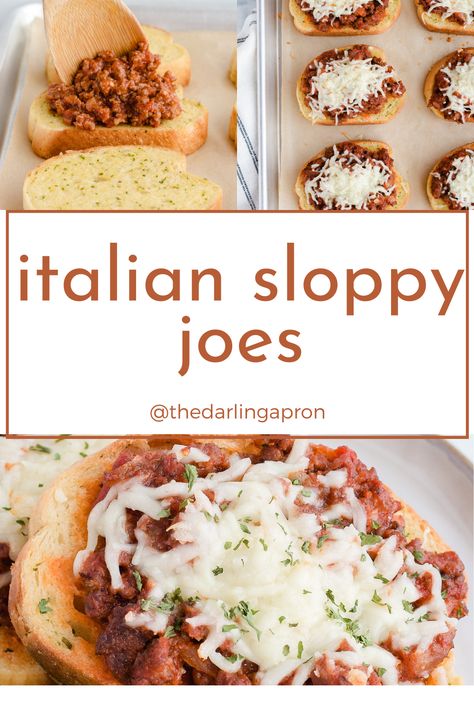 These sloppy joes with an Italian twist are served on thick slices of garlic Texas Toast and topped with mozzarella cheese. These open-faced sandwiches are perfect for a busy weeknight meal, potluck or game day spread! Italian Sausage Sloppy Joes, Open Face Sloppy Joe On Texas Toast, Open Face Garlic Toast Sloppy Joes, Rv Snacks, Garlic Texas Toast, Italian Sloppy Joes, Open Faced Sandwich Recipes, Chicken Sloppy Joe Recipe, Chicken Gumbo Soup