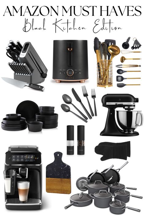 All Black Kitchen Appliances, Black Kitchenware Aesthetic, All Black Kitchen Decor, Black Silverware Aesthetic, Black Kitchen Utensils Aesthetic, Black And Grey Kitchen Accessories, Black Kitchen Essentials, Kitchen Basic Essentials, Male Kitchen Decor