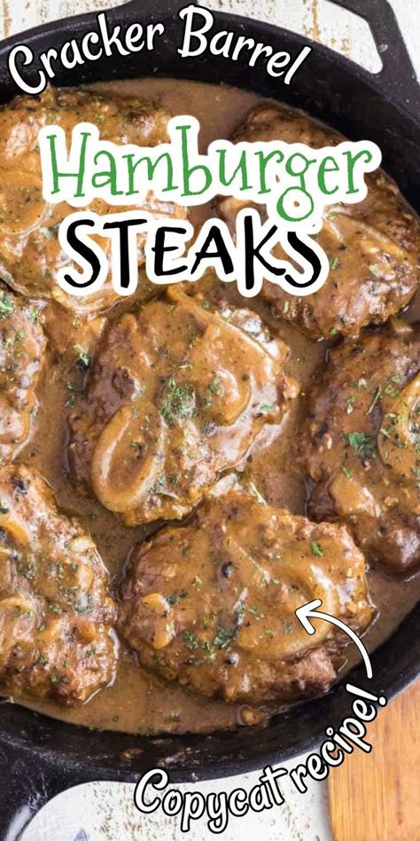 Get ready for some comfort food magic with this Copycat Cracker Barrel Hamburger Steak and Onion Gravy recipe! It's super easy and perfect for busy weeknights. Imagine juicy, seasoned hamburger steaks simmered in a delicious onion gravy until perfectly tender. Serve with some mashed potatoes to soak up all the goodness! Yum!! Cracker Barrel Hamburger Steak, Hot Hamburger With Gravy, Recipes For Hamburger, Hamburger Steak And Gravy Recipe, Hamburger Steak With Brown Gravy, Hamburger Steak With Onion Gravy, Hamburger Steaks With Onion Gravy, East Meals, Onion Gravy Recipe