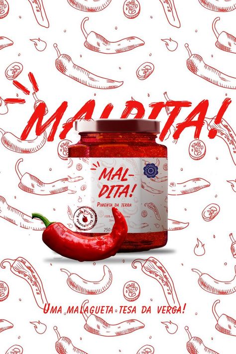 Maldita a brand of Pimenta da Terra. Pimenta da Terra is an azorean condiment. It’s a thick sauce made of azorean peppers and salt. It’s spicy and salty and it’s widely used in azorean cuisine to add spice to dishes, to marinate meats or as an accompaniment with cheese and bread. Sauce Branding Label Design, Spice Package Design, Chili Sauce Packaging, Chili Packaging, Hot Sauce Branding, Spicy Packaging, Spice Branding, Pepper Packaging, Sauce Advertisement