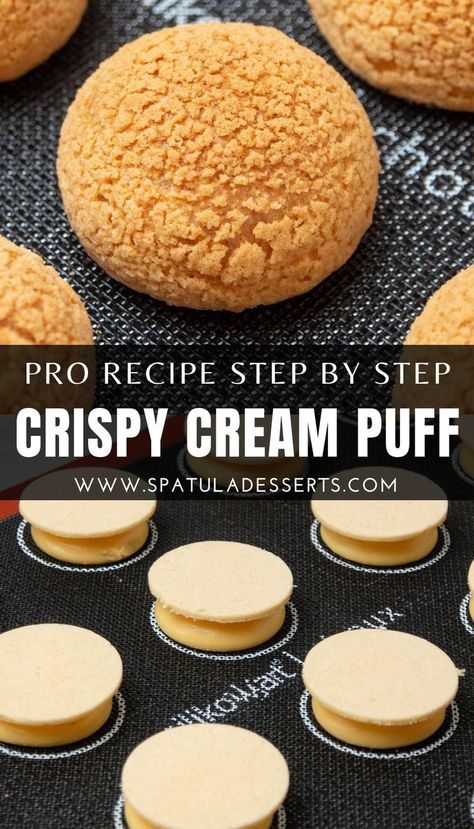 Try my Pro recipe that explains step by step how to make Crispy cream puff (choux au craquelin). There are different kinds of choux pastry; eclairs, cream puff, profiterol but the queen of all is choux au craquelin. Cream puff with and extra velvety craquelin layer on top that brings flavour as well as crunchiness and takes your bakes to the next level. In my recipe I will take your through step by step how to make professional looking perfect choux pastry every time. Crispy Cream Puffs, Crunchy Cream Puff, Cream Puff With Craquelin, Cream Puff Craquelin, Cream Puffs With Craquelin, Craquelin Cream Puff, Christmas Cream Puffs, Cream Patisserie, Choux Craquelin