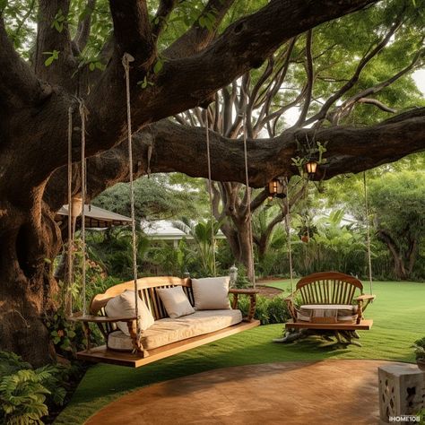 Green Backyard Aesthetic, Big Tree In Backyard, Willow Tree Garden Backyards, Big Backyard Aesthetic, House Around Tree, Vintage Backyard Ideas, Garden Inspo Ideas, House Interior Garden, Pretty Backyards