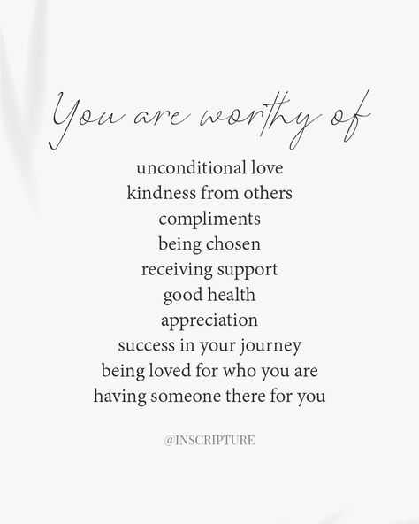 YOU ARE WORTHY OF SO MUCH 💪❤️ It can be easy to believe the lies our brains tell us, but know you are worthy of everything. You are worthy of love, success and happiness. You are enough. 🌟 https://www.inscripture.com/ #mentalhealthmatters #progressnotperfection #selfcarejourney #positivechanges #brighterdays #mentalwellness #celebrateyourwins #healingjourney #smallstepsbigchanges #youarestrong #keepgoing #mentalhealthawareness #selflove #mindfulness #wellnessjourney #innerpeace #growthmind... You Are Different, You Are Worthy Of Love Quotes, You Are Worthy Of Love, Overcoming Insecurities Quotes, You Are Loved Quotes Encouragement, Quotes About Being Worthy, Youre Worthy, You Are Amazing Quotes, Feeling Worthy