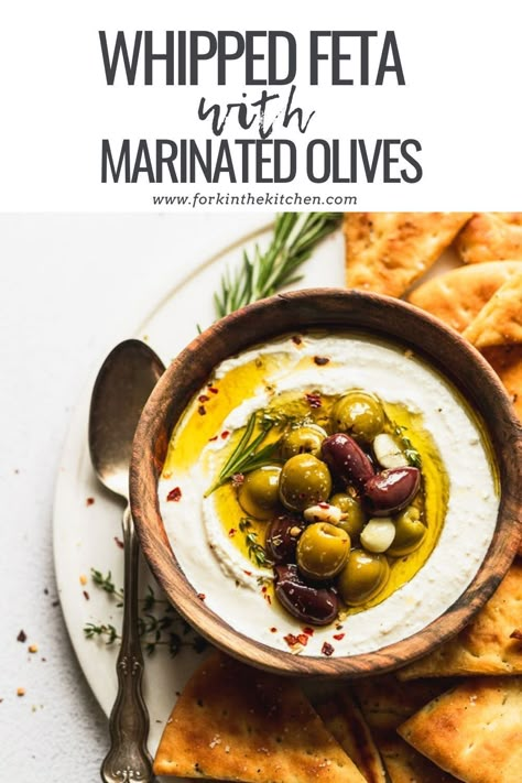 Marinated Olives Recipe, Baked Feta Recipe, Olive Appetizer, Whipped Feta Dip, Roasted Olives, Feta Recipe, Delicious Dips Recipes, Easy Dip, Marinated Olives