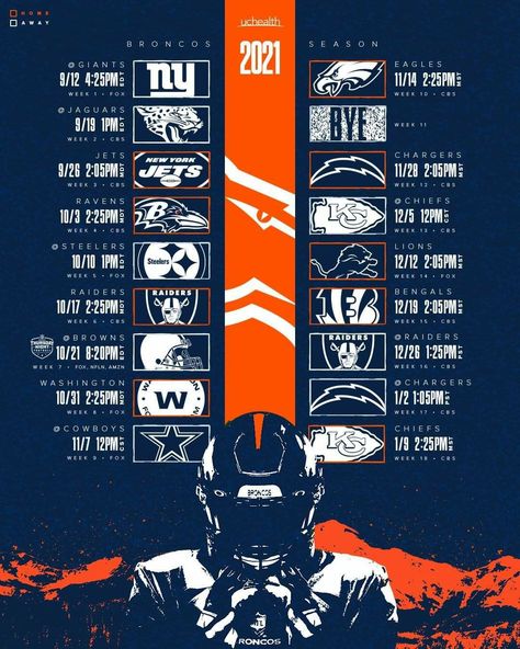 Schedule Graphic Design, Schedule Graphic, Denver Broncos Wallpaper, Broncos Wallpaper, Nhl Wallpaper, Calendar Schedule, Sports Design Ideas, Denver Broncos Football, Broncos Football