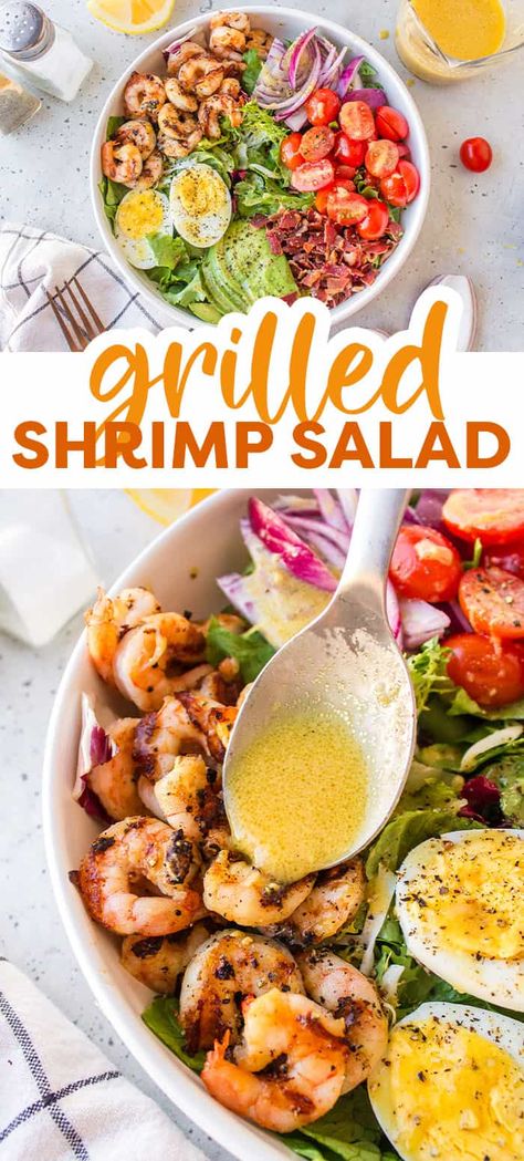 Our Grilled Shrimp Salad features seasoned grilled shrimp, plenty of fresh greens, and loads of salad favorites like cherry tomatoes, bacon, and avocado. All dressed up with our homemade honey mustard vinaigrette! This grilled shrimp salad recipe with a homemade honey mustard vinaigrette is a fresh, flavorful, and nutritious way to enjoy salad! Grilled Shrimp Salad Recipes, Shrimp Salad Recipes Healthy, Sizzling Shrimp, Amazing Smoothies, Shrimp And Sausage Pasta, Meal Bowls, Grilled Shrimp Salad, Shrimp Salad Recipe, Quick Foods