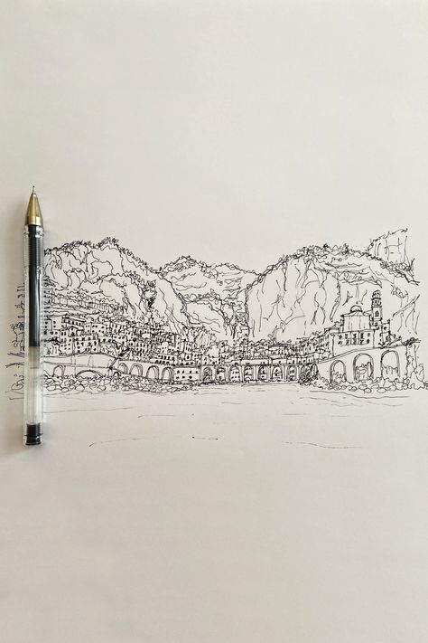 Amalfi Coast Drawing, Positano Tattoo, Amalfi Coast Art, Coast Sketch, Italy Sketches, Nature Sketching, Italy Tattoo, Urban Nature, Amalfi Coast Italy