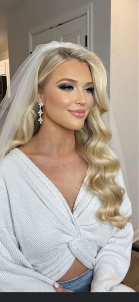 Long Wave Wedding Hair, Wedding Hair Down To The Side, Wedding Hair For Mermaid Dress, Hollywood Bride Hair, Wedding Hairstyles For Long Hair Side Part, Long Blonde Wedding Hair With Veil, Wedding Hair To The Side Down, Wedding Hair Slicked Bangs, Hair For Off The Shoulder Dress Wedding