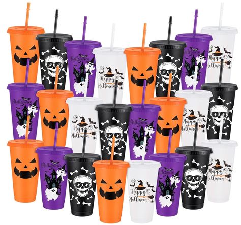 Adult Halloween Birthday Party, Halloween Birthday Party Favors, Halloween Party Cups, Halloween Decoration Party, Plastic Cups With Lids, Pumpkin And Ghost, Cups With Lids And Straws, Cups For Coffee, Boo Baskets