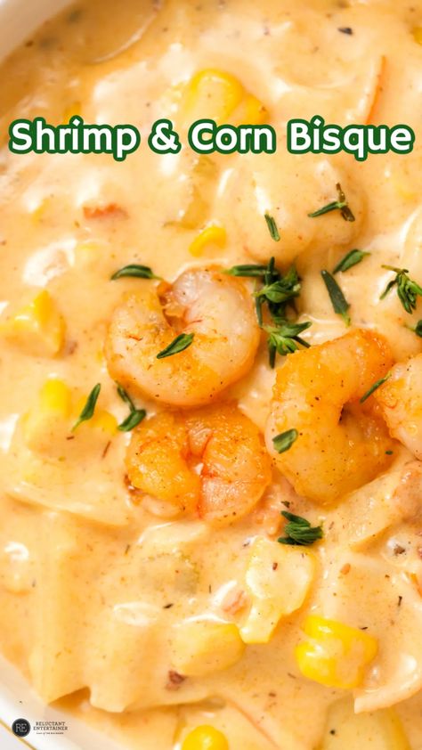 Corn Bisque Soup, Shrimp Bisque Soup Recipes, Shrimp Corn Bisque, Corn And Shrimp Soup, Shrimp Bisque Soup, Shrimp And Corn Bisque, Corn And Crab Chowder, Crab And Corn Bisque, Shrimp Bisque Recipe