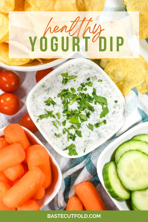 A healthy yogurt dip recipe, perfect for dipping chips, or as a yogurt dip for veggies! Made with plain yogurt or Greek yogurt, vinegar, fresh parsley, and a variety of dried spices including dill and thyme. This easy yogurt dip offers an alternative to traditional chip dips. Yogurt Dipping Sauce Veggies, Healthy Dipping Sauce For Veggies, Plain Greek Yogurt Dip Recipes, Vegetable Dip With Greek Yogurt, Yogurt Veggie Dip Recipe, Veggie Dip With Greek Yogurt, Recipe Using Plain Yogurt, Yogurt Dip For Veggies, Yogurt Veggie Dip