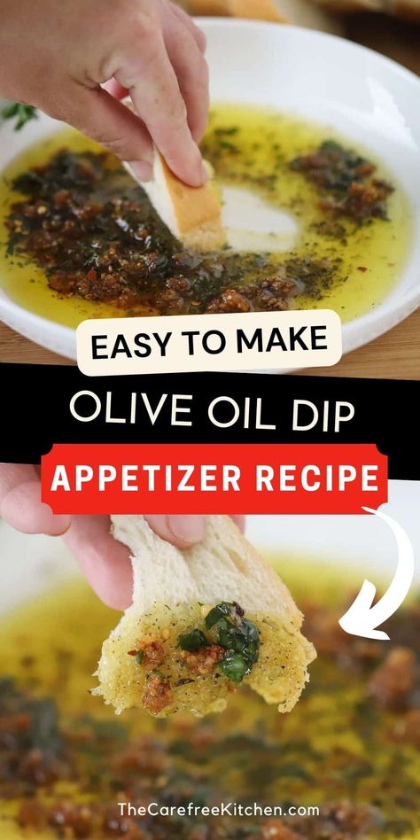 This restaurant style Olive Oil Dip for Bread is a simple appetizer that is always a hit. It’s made with sauteed garlic, fresh herbs, Parmesan cheese, and high quality extra virgin olive oil and tastes delicious with a slice of crusty bread, pita, or crostini. #thecarefreekitchen #appetizer #dip #oliveoil #italian #breaddippingoil #oilbreaddip Oil Dip For Bread, Bread Dipping Sauce, Olive Oil Bread Dip, Oil Bread Dip, Bread Dips Recipes, Dip For Bread, Bread Dipping Oil Recipe, Bread Dips, Dipping Oil Recipe