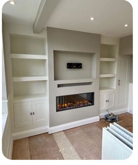 Fireplace And Side Cabinets, Built In Tv Wall Unit With Fireplace Shelving, Media Wall With Fake Fireplace, Tv And Chimney Ideas, Tv Unit Fireplace Modern, Recessed Wall Ideas Living Room, Chimney Wall Shelves, Recess Shelving Living Room, Taupe Media Wall