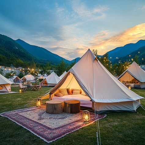 🏕️✨ Escape to a Luxurious Glamping Oasis✨🌅 Imagine yourself in a beautiful natural haven, surrounded by cozy bell tents and elegant safari-style tents, each uniquely designed for comfort and style. With mountains in the distance and a golden sunset casting a warm glow, this is the ultimate outdoor retreat. 🌄💫 Every detail has been thoughtfully crafted—from rustic wooden furniture and soft bedding to gentle lighting that brings a sense of tranquility to the scene. It’s the perfect blend of l... Rustic Wooden Furniture, Mountains In The Distance, Bell Tents, Glamping Tent, Glamping Tents, Plush Bedding, Rustic Wood Furniture, Luxury Glamping, Safari Tent