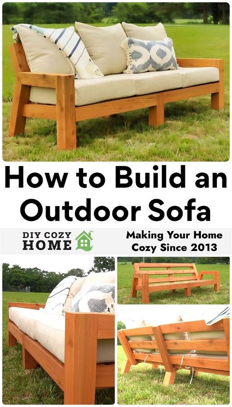 How to Build an Outdoor Sofa with Building Plans Outdoor Patio Couch Diy, Build An Outdoor Couch, Diy Wood Couch Indoor, Diy Wooden Sectional Outdoor, Diy Wood Sectional Outdoor Seating, Diy Couch, Design Hack, Rustic Outdoor, Diy Outdoor Furniture