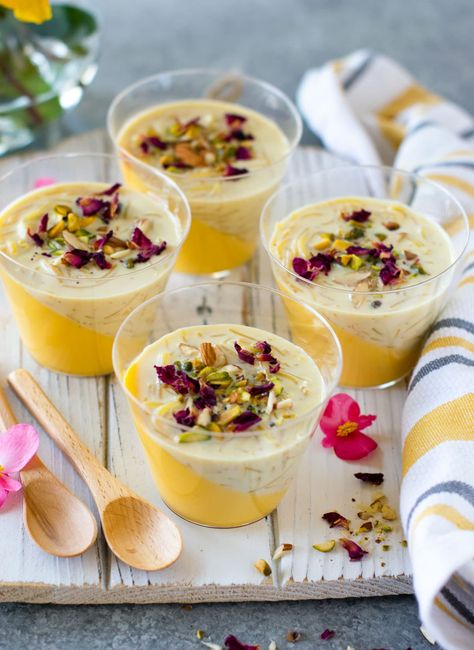 Celebrate Diwali and all special occasions with this unique and easy to make Indian dessert. Made without eggs or gelatin. #Indiandessert #fusiondessert #diwali Indian Fusion Desserts, Fusion Sweets, Indian Fusion Food, Mango Panna Cotta, Pakistani Desserts, Indian Night, Easy Indian Dessert Recipes, Fusion Desserts, Mango Desserts