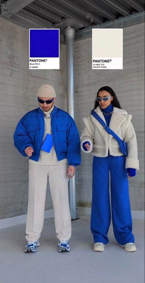 Color Theory Fashion Outfit, Colour Theory Fashion Outfit, Good Colour Combos For Outfits, Colour Matching Outfits, White And Blue Winter Outfit, Funky Color Combos, Colour Theory Fashion, Blue Combo Outfit, Matching Color Outfits