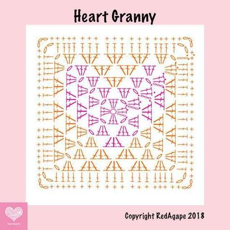 Crochet Heart Granny pattern diagram by RedAgape. Heart Granny Square, Granny Square Pattern, Granny Square Crochet Patterns Free, Crochet Heart Pattern, Mode Crochet, Pola Amigurumi, Valentines Crochet, Crochet Design Pattern, Crochet Granny Square