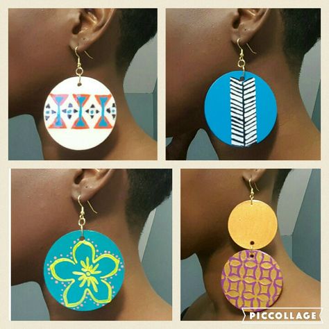 Diy Painted Wood Earrings, Wooden Painted Earrings Diy, Hand Painted Bohemian Earrings For Everyday, Bohemian Hand Painted Brown Earrings, Wooden Handpainted Earrings, Hand Painted Earrings Wood, Ankara Accessories, Word Earrings, Ankara Earrings