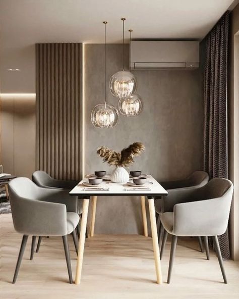 Taupe Dining Room, Floating Credenza, Colored Chairs, Taupe Walls, Dining Room Design Modern, Dinning Room Design, Dining Room Interiors, Luxury Dining Room, Living Room Design Decor