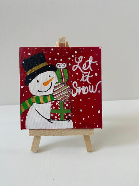 Simple Holiday Painting, Beginner Christmas Painting, Mini Canvas Paintings Christmas, How To Paint Christmas, Simple Winter Paintings, Mini Canvas Art Christmas, Mini Canvas Christmas Paintings, Small Square Paintings, Winter Painting Easy