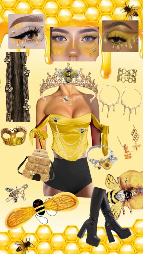 Queen Bee Inspo #bee #queenbee #costume #beecostume #halloween #halloweencostume #costumeinspo #halloweeninspo #halloweencollage Queen Bee Costume, Bee Makeup, Bee Costume, Queen Costume, Halloween Inspo, Queen Bee, Queen Bees, Mood Boards, Halloween Costumes